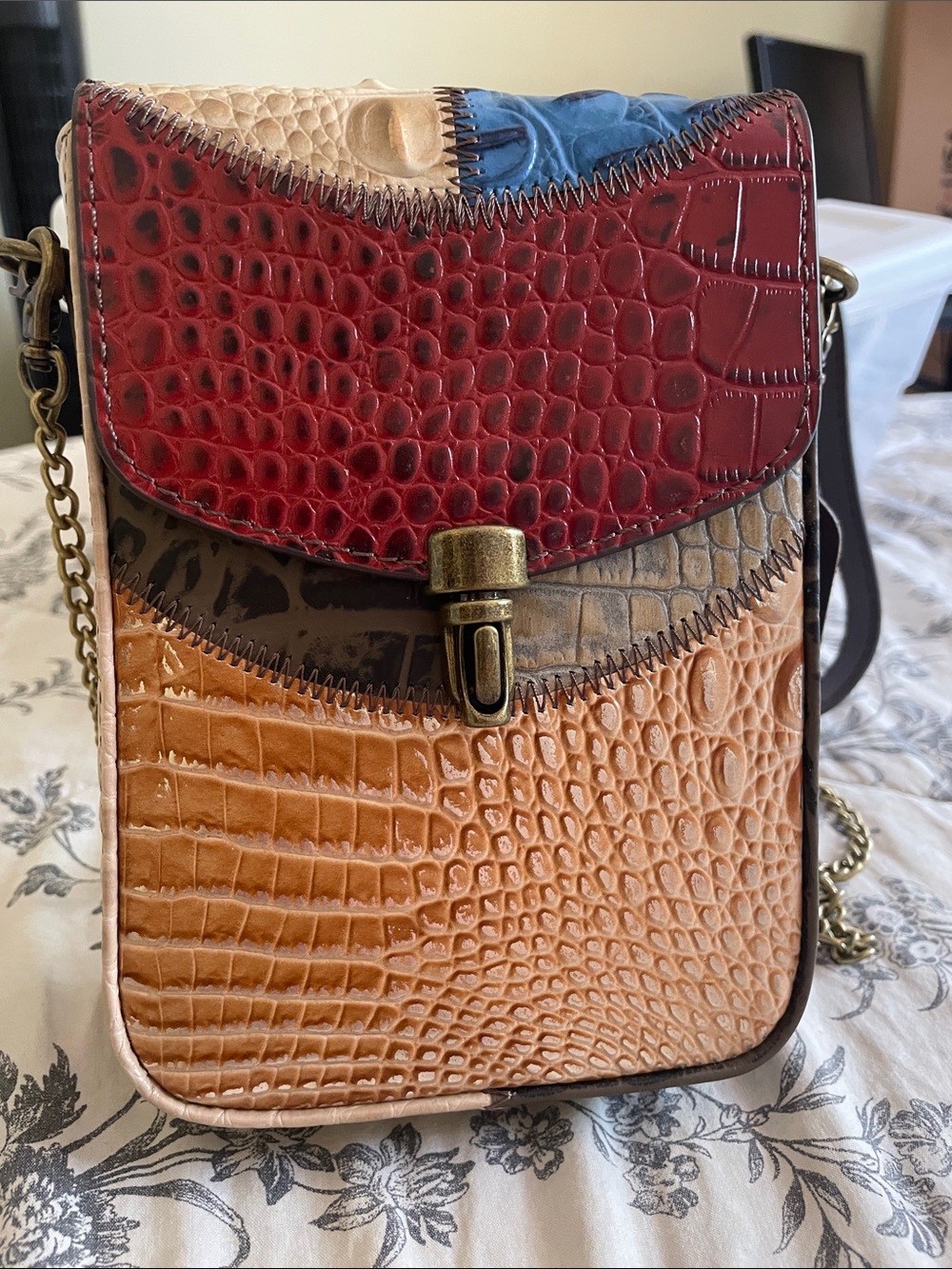Multi-Color Croc-Embossed Leather Crossbody Bag - Red/Tan/Blue